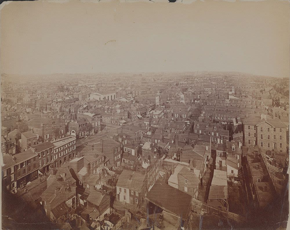 "The old city as viewed from Sparks' shot tower, located not far from Old Swedes' Church in Southwark, appeared to be busy and crowded with residences as well as buildings for trade and commerce. The tall ship houses and dry dock of the Navy Yard, and the waterfront warehouses and docks, are visible in the east and east-southeast views (Nos. 11 and 12) above Old Swedes' Church (with the white spire) and Bethel Baptist Church in Front Street. The west view (No. 13) is along Carpenter Street, and the northwest view (No. 14) looks down upon the intersection of 2nd and Christian Streets and Moyamensing Avenue."